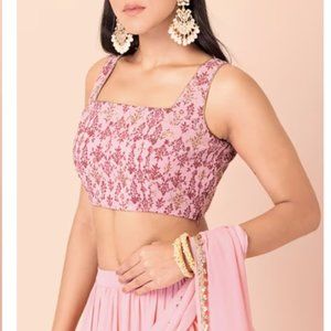 Pink Floral Foil Sleeveless Crop Top Choli, Size M